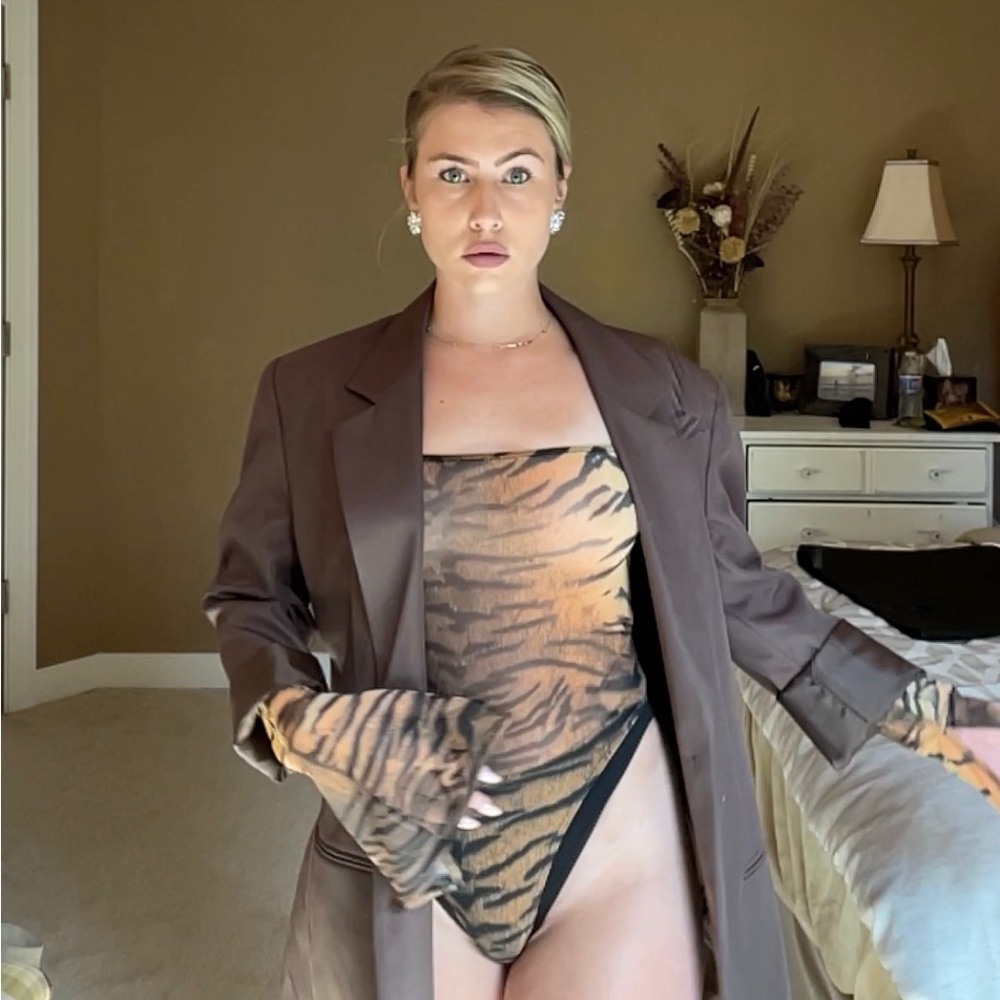 Mesh Tiger Bodysuit, Brown/Black (Medium), Stretch & High cut *HALLOWEEN SPECIAL